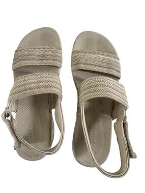 Clarks Cloudsteppers Mira Tide Sand Beige Gray Stripe Platform Sandals Womens 7